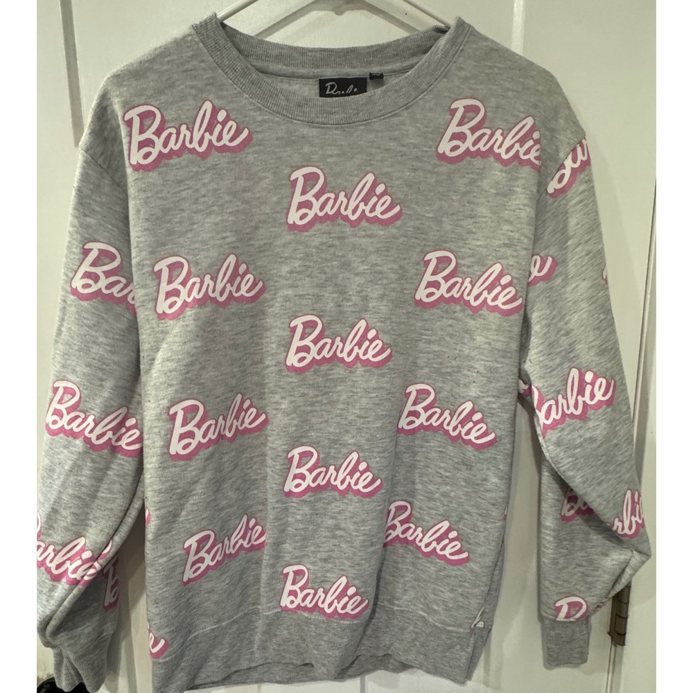 Barbie All Over Logo Print Sweatshirt Heather Gray Pink Crewneck Medium 2023